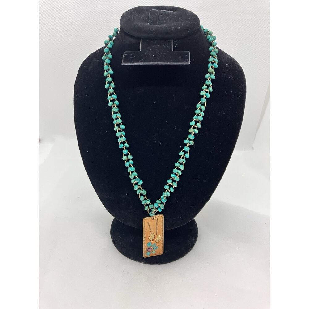 Blue Wooden Bead Necklace And Metal Pendant W/ Purple Stone And Turquoise Stones